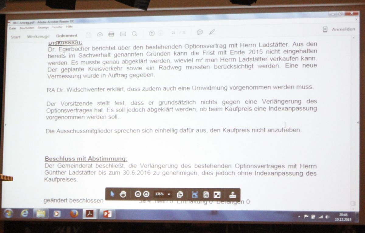Auszug aus Sitzungsunterlagen betreffen Optionsvertrag Ladstätter.