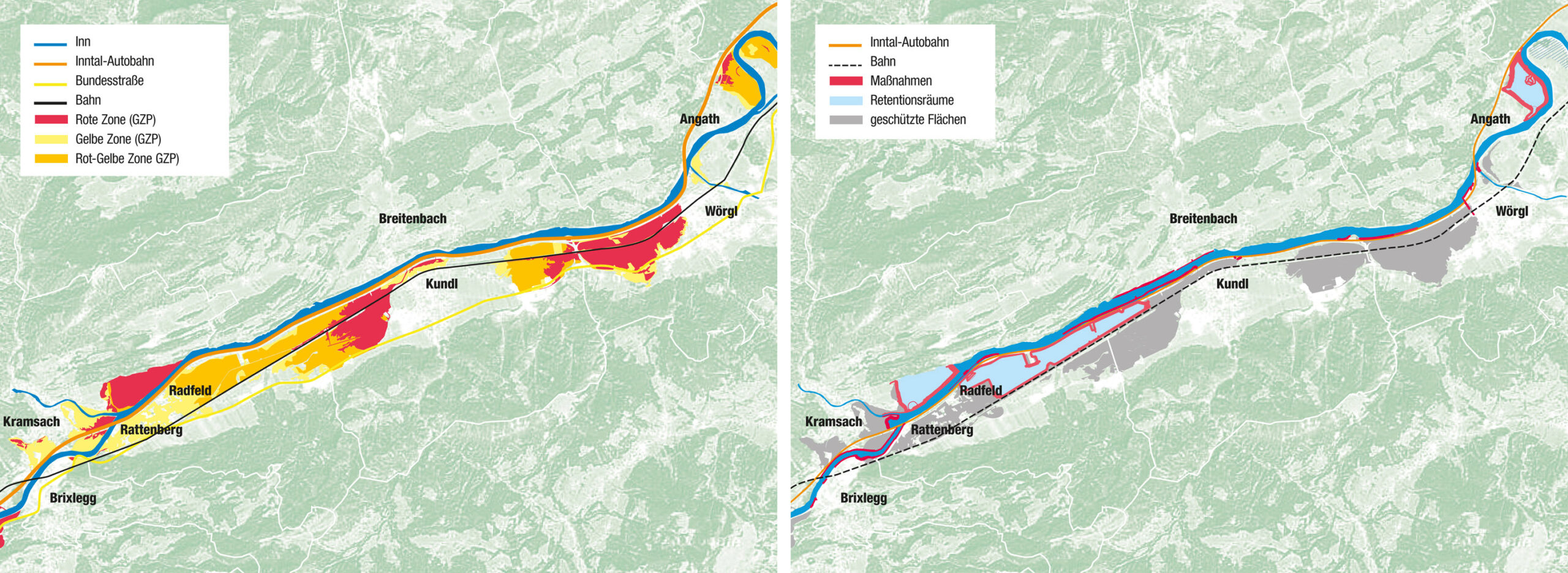 Von der Gefahrenzone zum Hochwasserschutz: 2.200 Gebäude und 160 Hektar derzeit als Gefahrenzonen ausgewiesene Flächen im Unteren Unterinntal werden hochwassersicher. Die Grobplanung dafür liegt vor. © Land Tirol