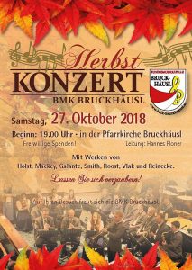 Die BMK Bruckhäusl lädt am 27. Oktober 2018 zum Herbstkonzert. Plakat: Zillerdruck