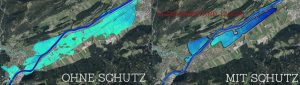 Diese Grafik zeigt, welche Flächen ohne und mit Hochwasserschutz von Überflutungen betroffen sind. Foto: Land Tirol