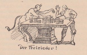 Der Tiroler Maler Anton Kirchmayr fertigte zu den Sagen Zeichnungen an - diese zum Freirieder. Quelle: Wörgler Heimatschriftchen Band V