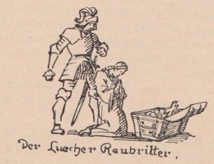 Der grausame Luecher Raubritter aus der Sage vom Luecher Schloß - gezeichnet von Anton Kirchmayr. Quelle: Wörgler Heimatschriftchen Band 5