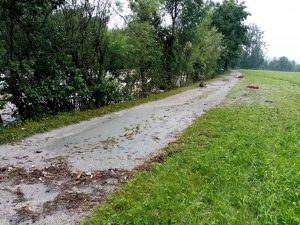 Am 18. Juli 2021 mittags - die Spuren der nächtlichen Überflutung hier im Ortsgebiet von Bruckhäusl westlich der Pegelmessstelle sind noch gut sichtbar. Foto: Spielbichler