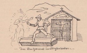 Federzeichnung von Toni Kirchmayr zur Buchmandl-Sage in den Wörgler Heimatschriftchen.