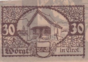 Wörgler Notgeld 1920 - der 30 Heller Schein trägt als Motiv eine Abbildung der Gratlkapelle.
