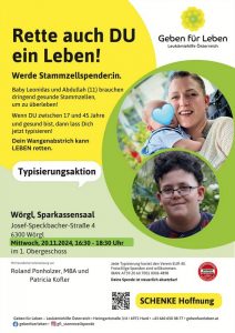 Die Typisierungsaktion findet am 20. November 2024 von 16:30-18:30 Uhr im Sparkassensaal Wörgl statt. Foto: Verein Geben für Leben - Leukämiehilfe Österreich