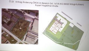 Das Waldgrundstück an der Hagleitner-Straße im Eigentum der Stadtgemeinde, auf dem der neue Kindergarten gebaut wird. Foto: Stadtgemeinde Präsentation im Gemeinderat