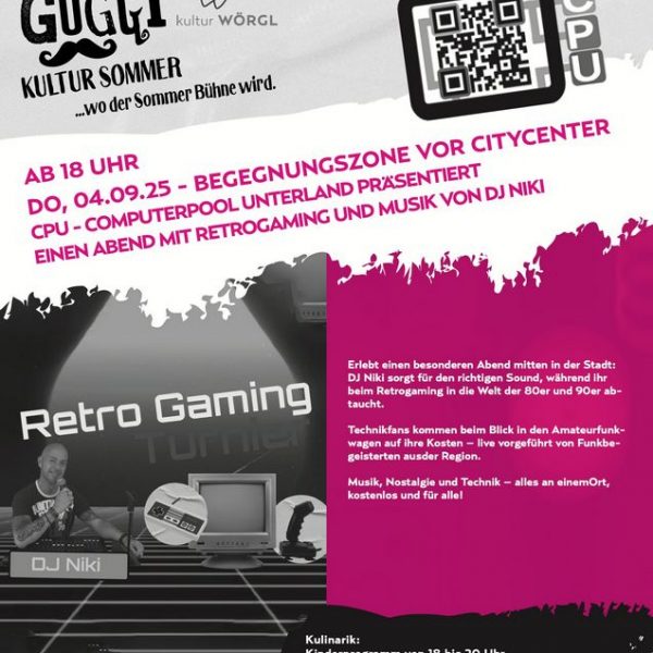 Den letzten Guggi Kultursommer-Abend 2025 gestaltet der Verein CPU - Computerpool Unterland in der Begegnungszone vor dem City Center in Wörgl. Foto: Guggi Kultur Sommer