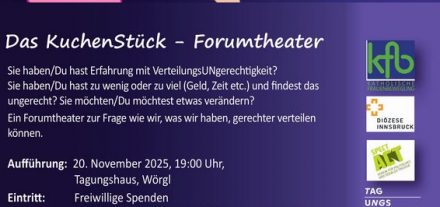 Die Katholische Frauenbewegung tourt mit dem Forumtheater "Das KuchenStück" durch Tirol und gastiert am 20.11.2025 im Tagungshaus Wörgl. Grafik: kfb