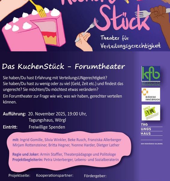 Die Katholische Frauenbewegung tourt mit dem Forumtheater "Das KuchenStück" durch Tirol und gastiert am 20.11.2025 im Tagungshaus Wörgl. Grafik: kfb