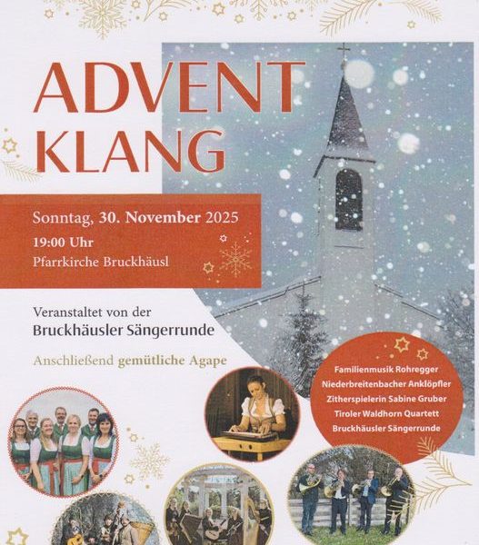 Die Sängerrunde Bruckhäusl lädt am Sonntag, 30. November 2025 ab 19 Uhr in der Pfarrkirche zum Benefizkonzert "Adventklang". Foto: Sängerrunde Bruckhäusl.