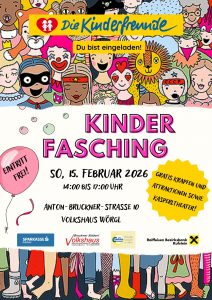 Kinderfasching der Kinderfreunde Wörgl am 15.2.2026 von 14-17 Uhr im Volkshaus Wörgl. Grafik: KInderfreunde Wörgl