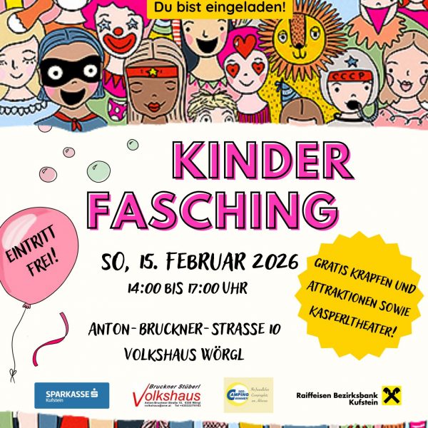Kinderfasching der Kinderfreunde Wörgl am 15.2.2026 von 14-17 Uhr im Volkshaus Wörgl. Grafik: KInderfreunde Wörgl